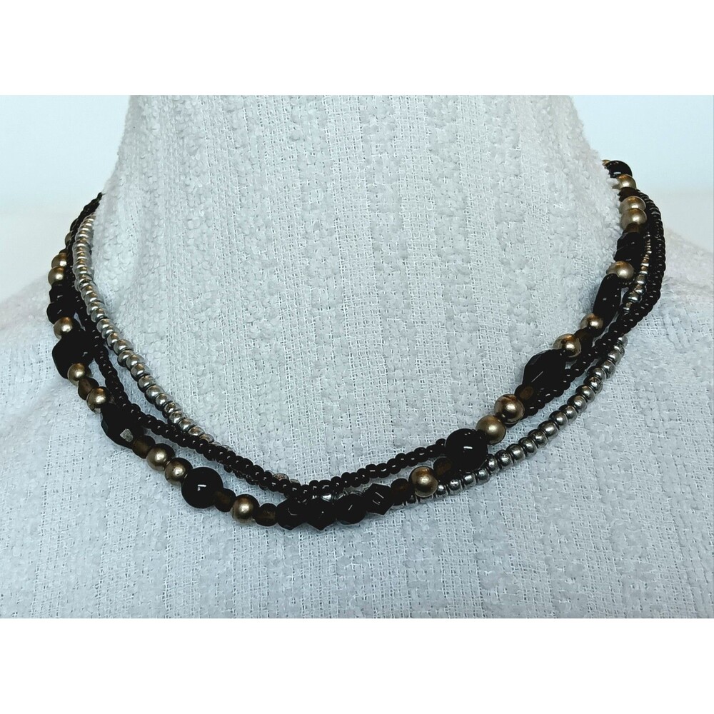 Premier Designs Triple Strand Gunmetal Black Silver Bead Necklace Retired - Picture 2 of 9
